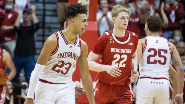 Indiana Hoosiers forward Trayce Jackson-Davis (23) reacts to a made basket in the second half against the Wisconsin Badgers at Simon Skjodt Assembly Hall.
